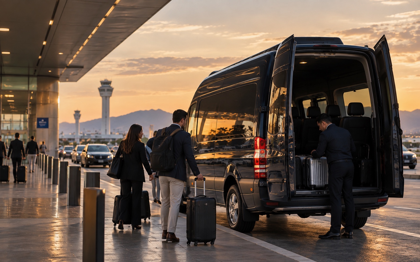Pasajeros llegando a una unidad de transporte en un aeropuerto