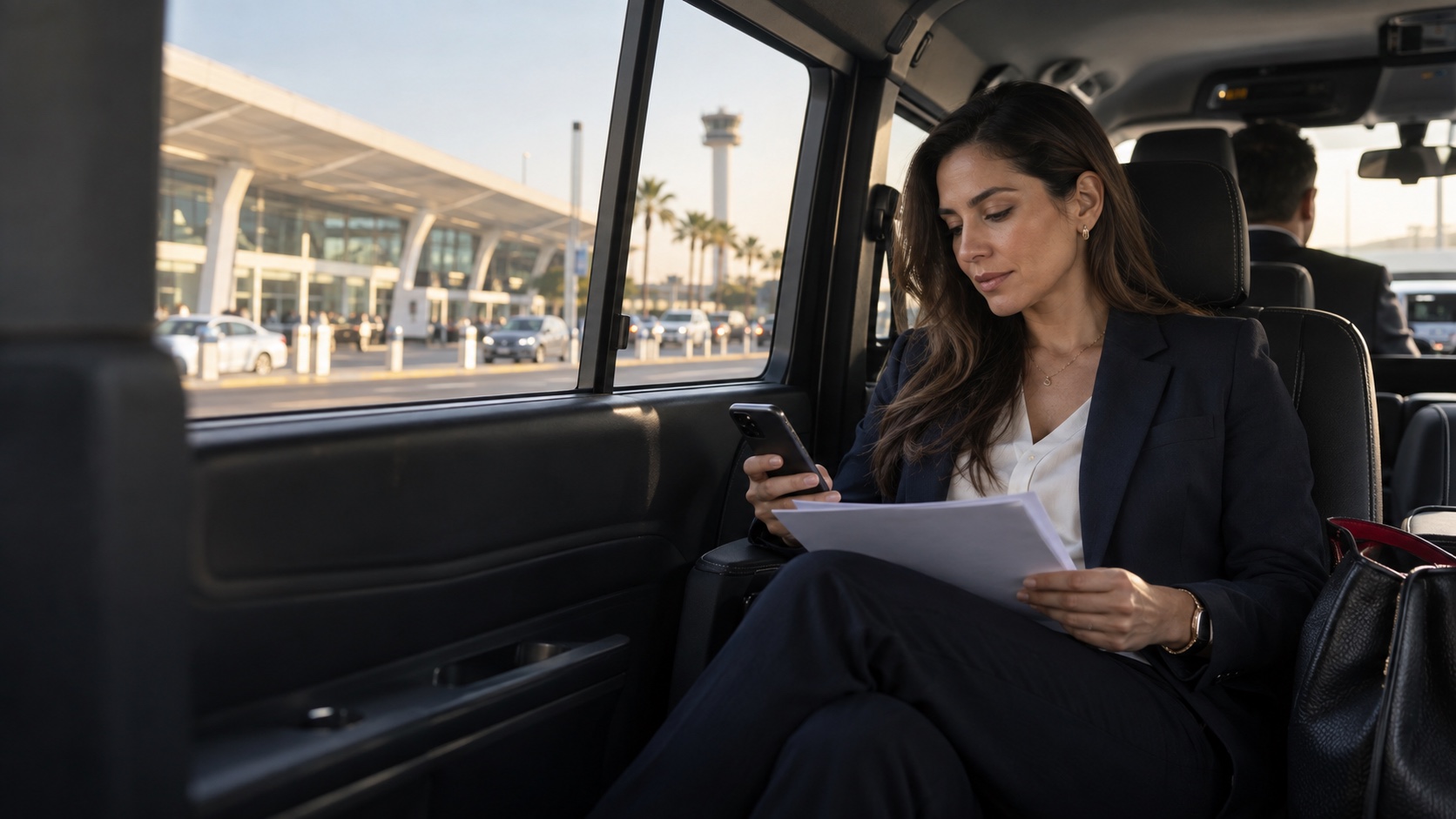 Pasajera revisando su agenda durante un traslado desde el aeropuerto
