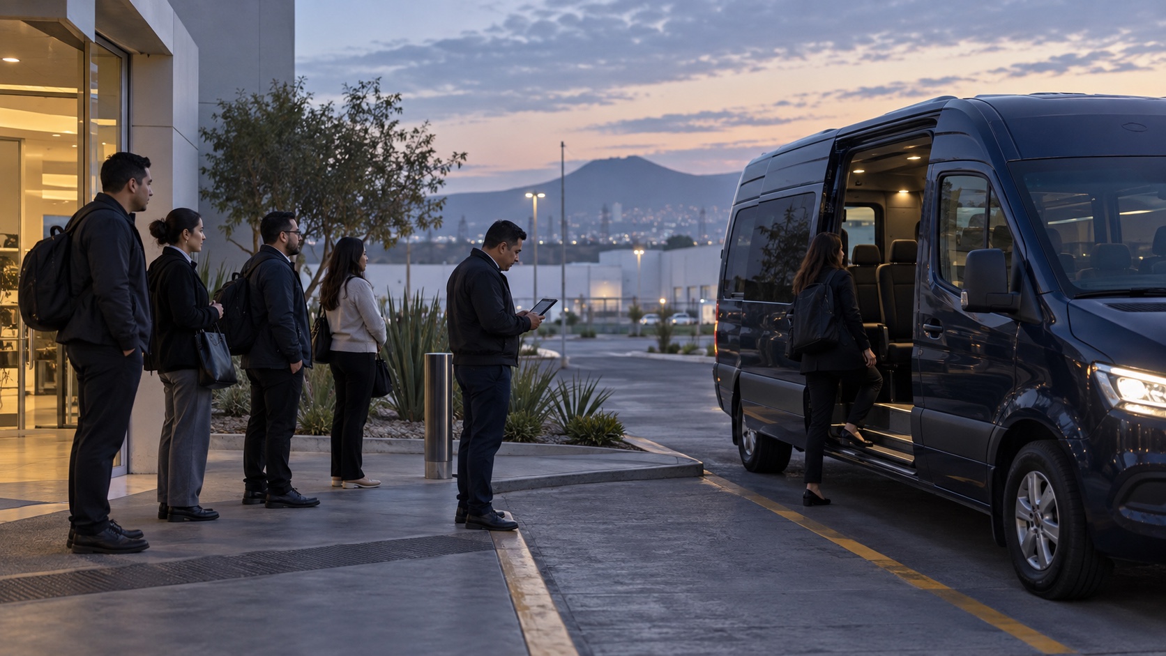 Colaboradores abordando una unidad en un punto de encuentro empresarial